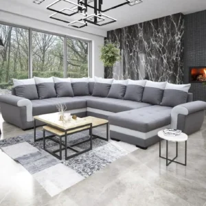 2BM - Hoeksalon Laura - Rechts - Kunstleder/Stof - Wit/Grijs - Met opbergfunctie - 244x330x165cm | Belga Meubelen Discount