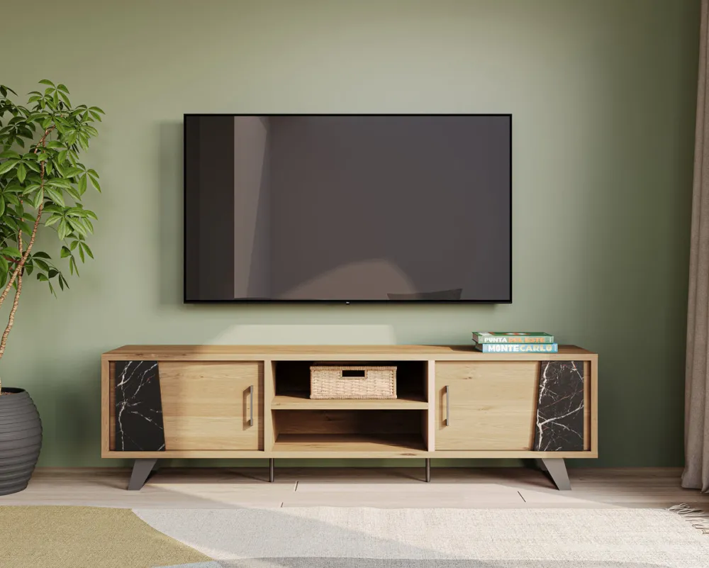 evan__tvmeubel_richard__l_0.webp Evan - TV-Meubel Richard - LB2 - K545ZEB - Millenium natuur eik/Zebra marmer - 215x60x49cm | Belga Meubelen Best