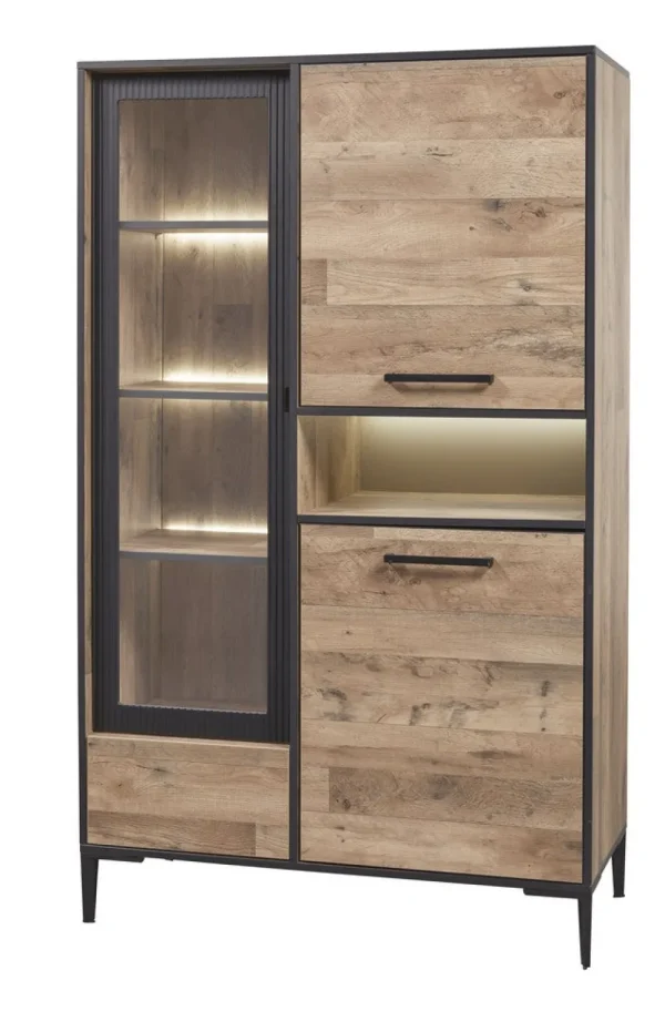 Evan - Vitrine Perugia - V1 - K632 - Natuurlijke parketlook/Zwart - 106x177x50cm | Belga Meubelen Discount