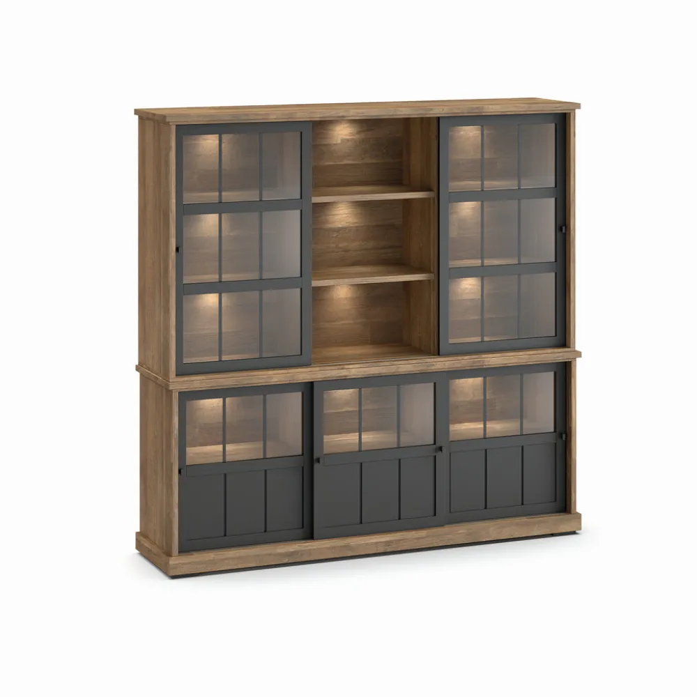 evan__wandkast_patio__drg_0-2.webp Evan - Wandkast Patio - DR2GL+WV7 - K674 - Oude teak/Zwart - 209x208x50cm | Belga Meubelen Outlet