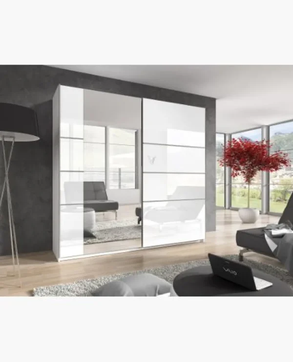HM - Kleerkast Beta Gloss - 2 schuifdeuren - Eik/Wit - 200x210x61cm | Belga Meubelen Online