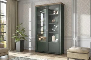 HM - Vitrine Evora L - Groen/Eik - 126x200x42cm | Belga Meubelen New