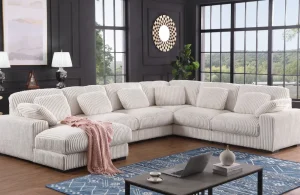 MLM - Hoeksalon Jasmine - Stof riblfuweel - Ecru - Links - 173x395x306 | Belga Meubelen Discount