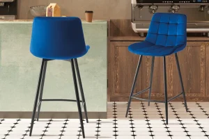 Rousseau - Barstoel Juta Fluweel Blauw - 95x46x36 cm | Belga Meubelen Outlet