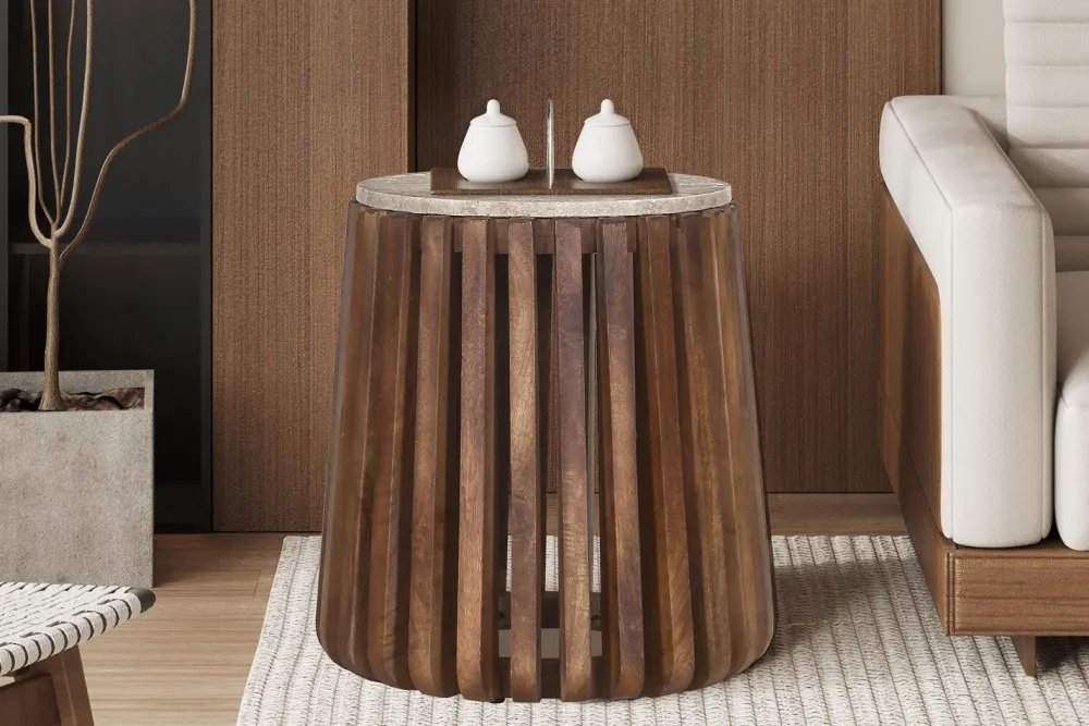 rousseau__bijzettafel_luu_0.webp Rousseau - Bijzettafel Luuk 40 cm Rond Mango hout met Travertin Beige - 50x40x40 cm | Belga Meubelen Fashion