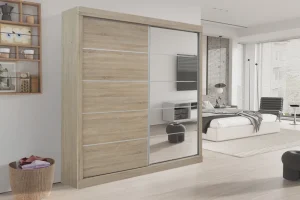 Rousseau - Kleerkast Mike 2 Schuifdeuren, 1 Spiegeldeur Sonoma - 197.5x182.5x52.5 cm | Belga Meubelen Outlet