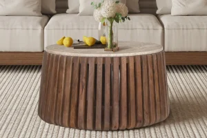 Rousseau - Salontafel Luuk 70 cm Rond Mango hout met Travertin Beige - 40x70x70 cm | Belga Meubelen New