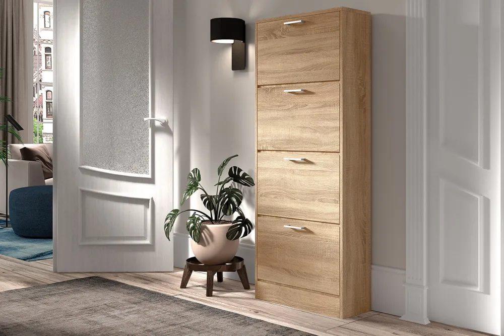 rousseau__schoenenkast_ca_0-2.webp Rousseau - Schoenenkast Carini 4 laden Sonoma - 155x63x23 cm | Belga Meubelen Fashion