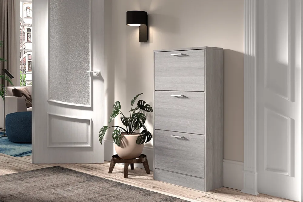 rousseau__schoenenkast_ca_0-5.webp Rousseau - Schoenenkast Carini 3 laden Grijze eik - 120x63x23 cm | Belga Meubelen Best