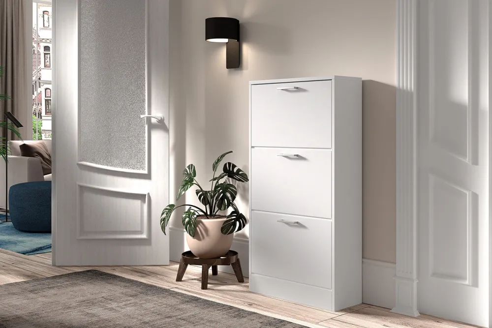 rousseau__schoenenkast_ca_0-7.webp Rousseau - Schoenenkast Carini 3 laden Wit - 120x63x23 cm | Belga Meubelen Sale