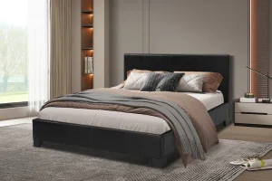 Rousseau - Tweepersoonsbed Roma 140x200 met lattenbodem PU Zwart - 92x150x218 cm | Belga Meubelen Discount