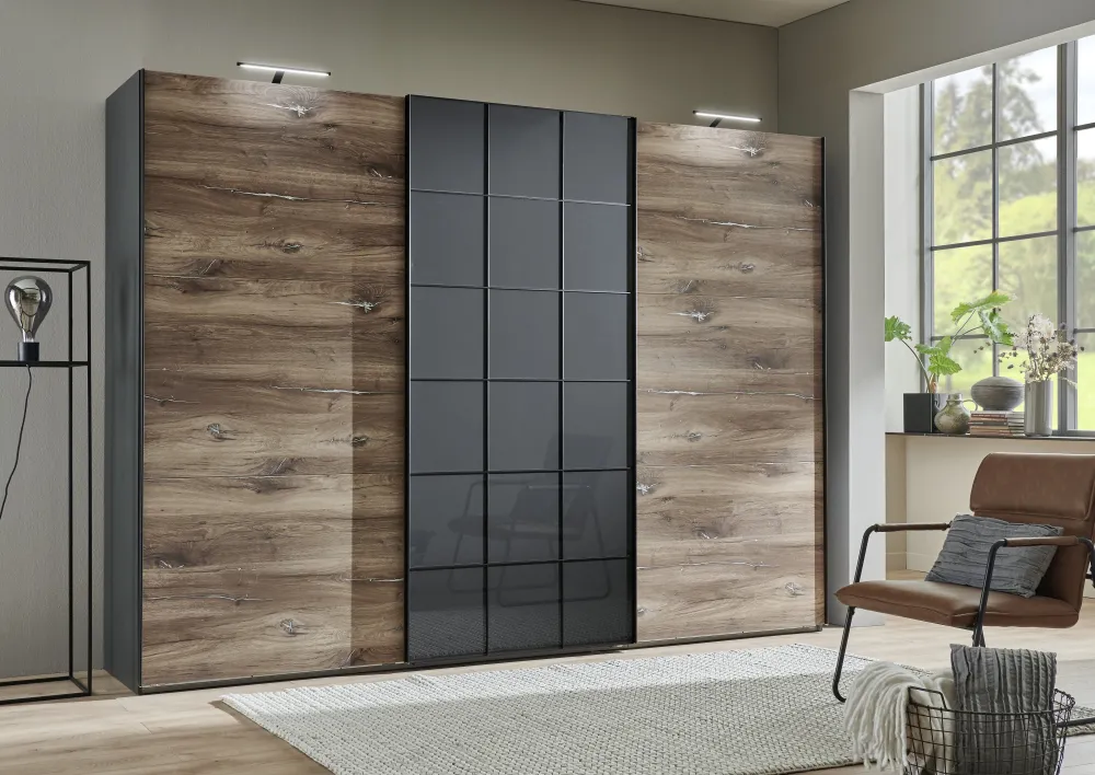 schuifdeurenkast_toronto__0.webp Schuifdeurenkast Toronto - 3 deuren - Houten decor - Glass deur - 300x218x65 cm | Belga Meubelen Discount