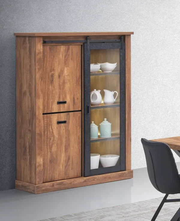 TYC - Vitrinekast Odin - Accacia hout decor - Zwart beton elementen - 125x46x175cm | Belga Meubelen Discount